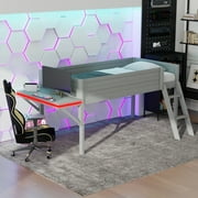Euroco Wood Low Profile Loft Bed, Twin Size Gaming Bed with Desk and LED Light, Grey